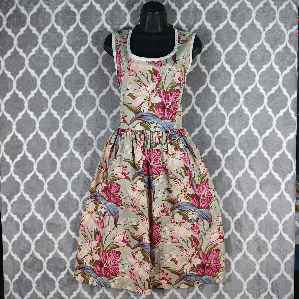 VTG Hawaiian Dress Size Large Pink Floral Hibiscus Pocket Tie Waist Cottage